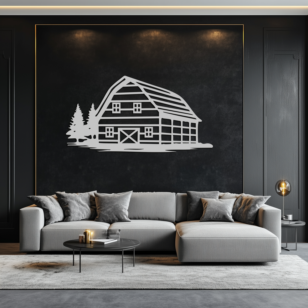 Rustic Barn and Pine Trees Metal Wall Art – Country House Landscape Silhouette Decor- KAF681