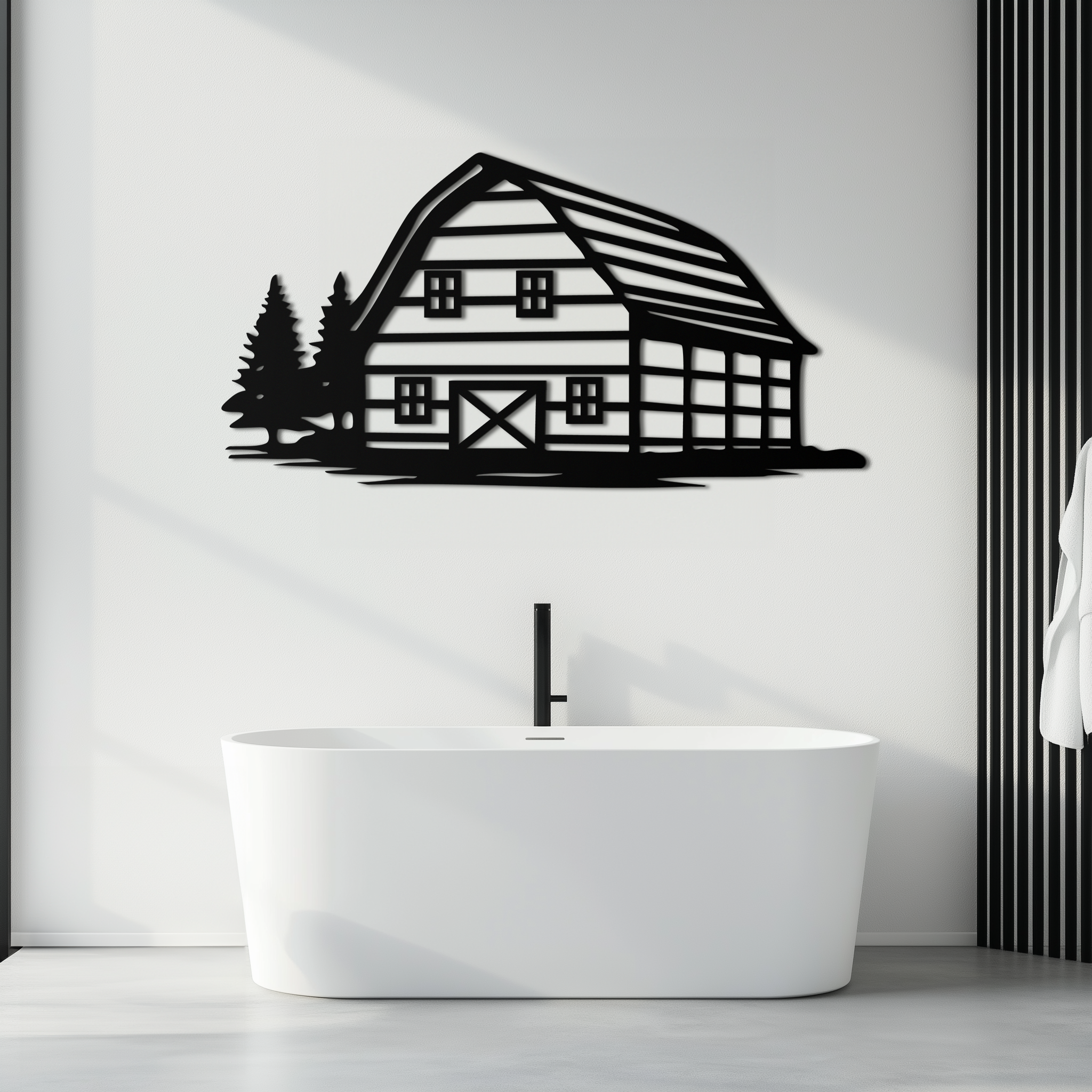 Rustic Barn and Pine Trees Metal Wall Art – Country House Landscape Silhouette Decor- KAF681