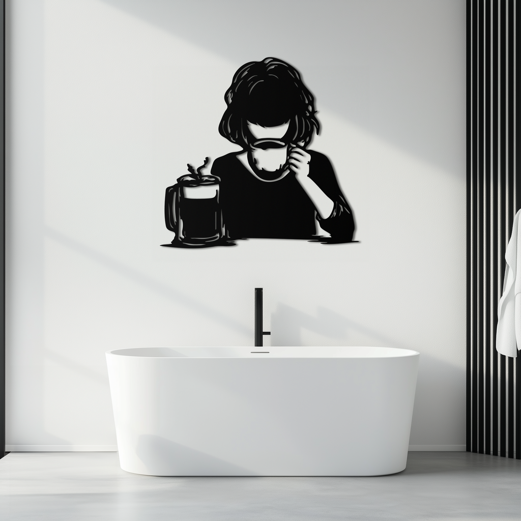 Coffee Girl Silhouette Metal Wall Art – Cozy Black Modern Home Decor for Coffee - KAF683