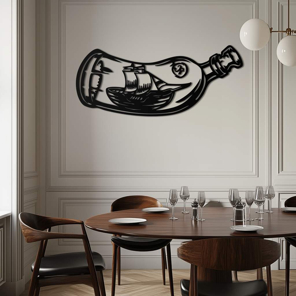 Ship in a Bottle Metal Wall Art – Nautical Silhouette Design for Sea Lovers- KAF691