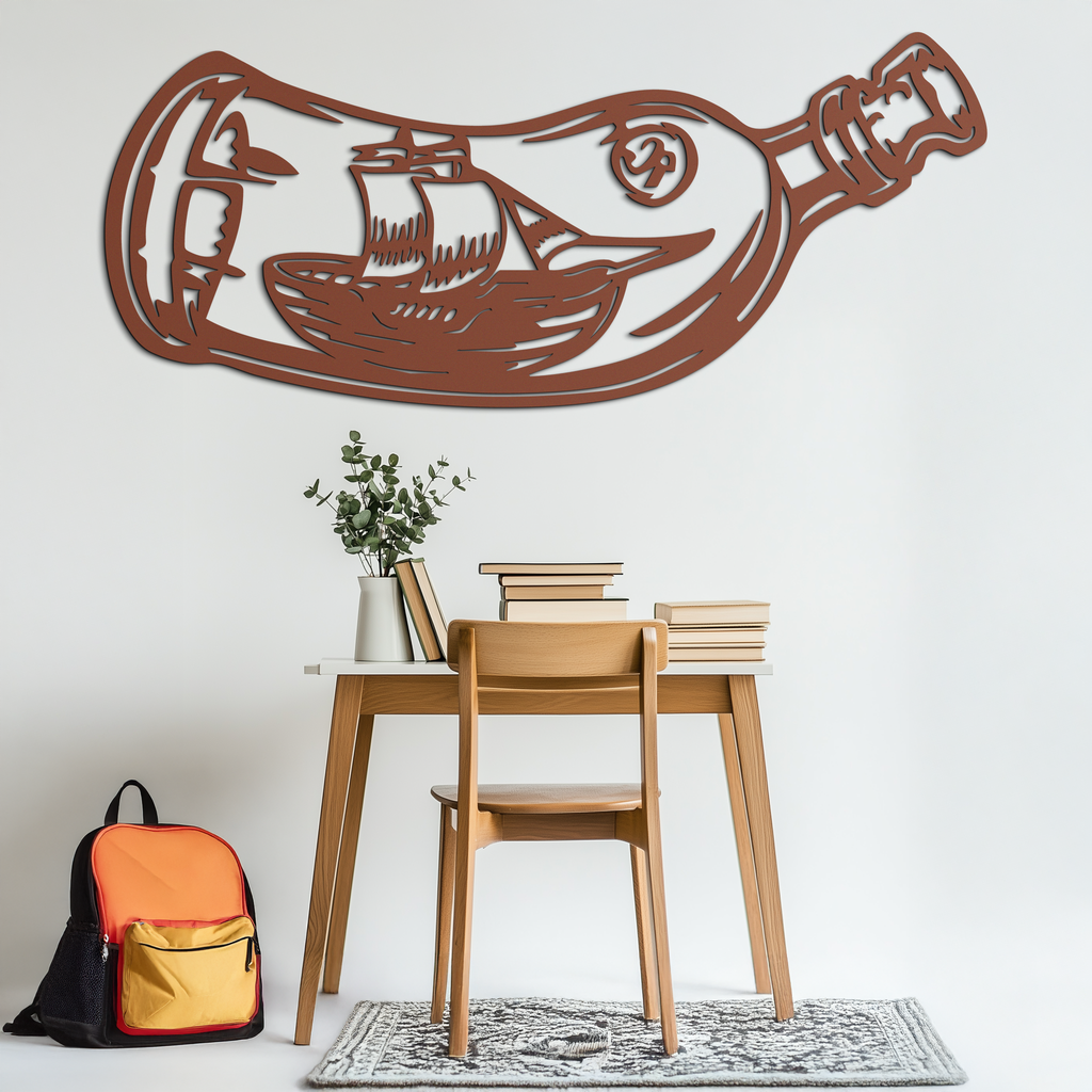 Ship in a Bottle Metal Wall Art – Nautical Silhouette Design for Sea Lovers- KAF691
