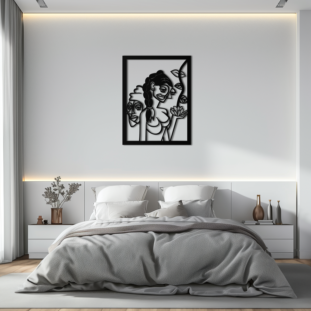 Abstract Tribal Faces with Floral Elements Modern Metal Wall Art Panel- KAF703