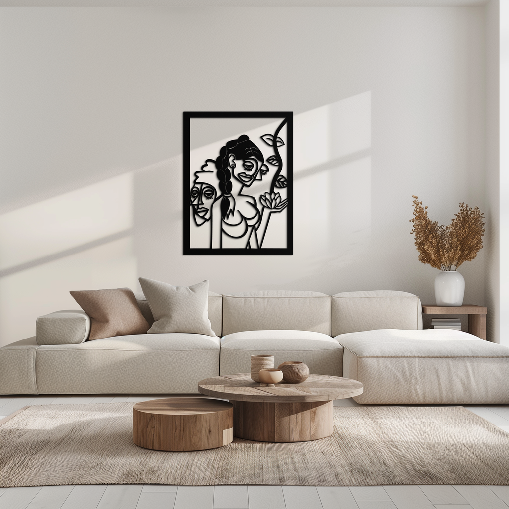 Abstract Tribal Faces with Floral Elements Modern Metal Wall Art Panel- KAF703