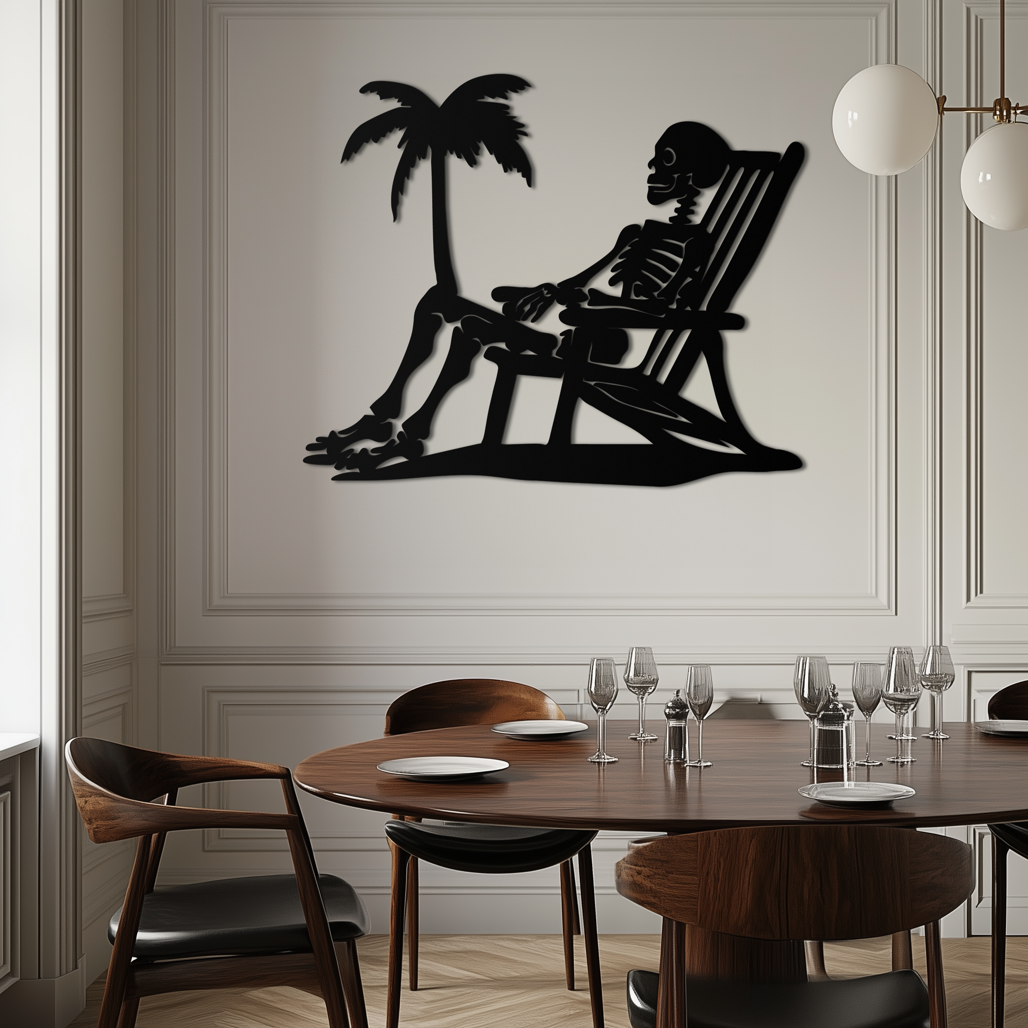 Sunbathing Skeleton Metal Wall Art – Tropical Palm Tree Beach Decor- KAF706