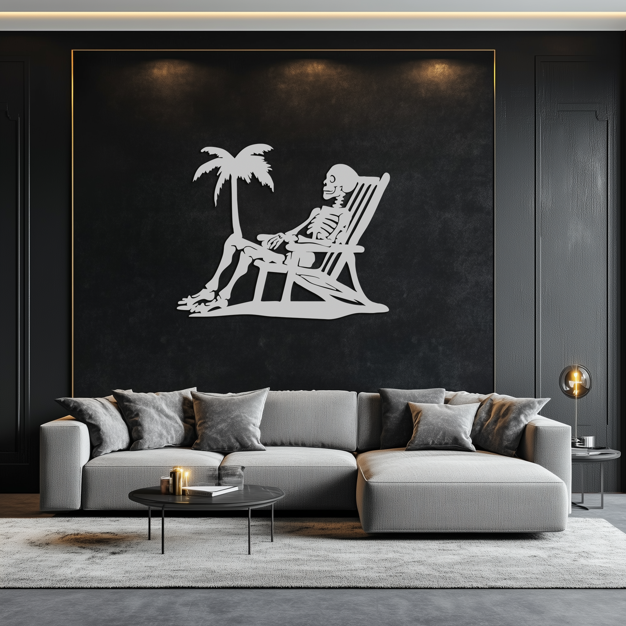 Sunbathing Skeleton Metal Wall Art – Tropical Palm Tree Beach Decor- KAF706