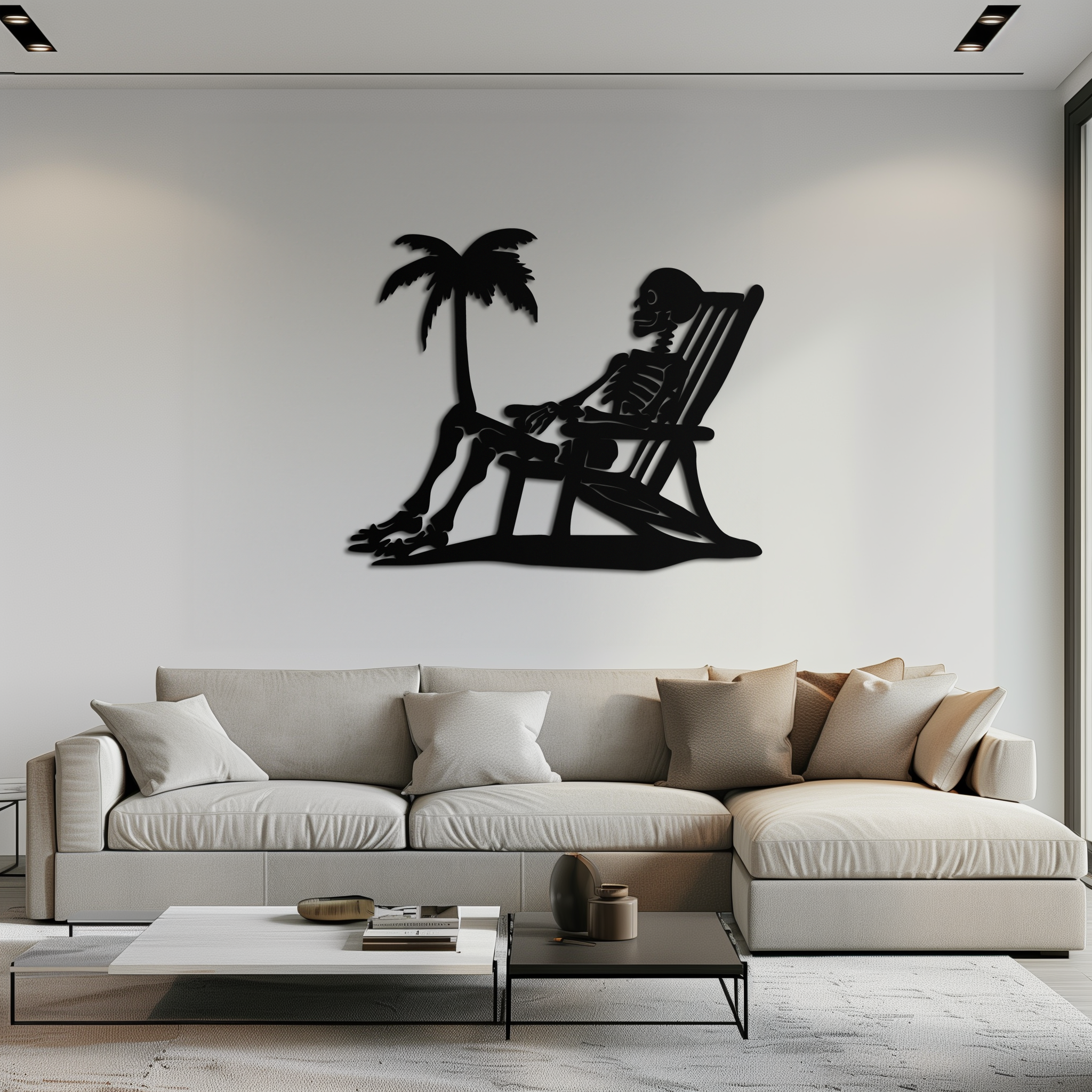 Sunbathing Skeleton Metal Wall Art – Tropical Palm Tree Beach Decor- KAF706