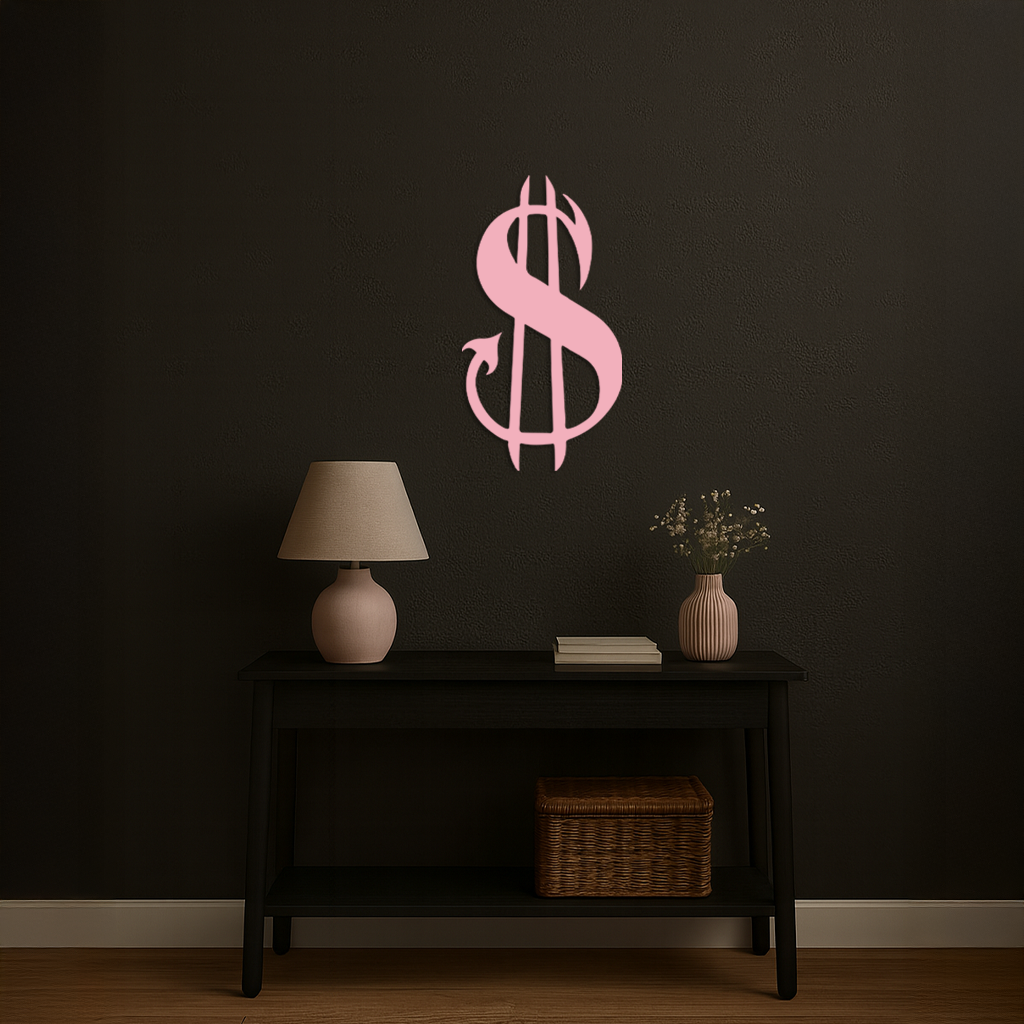 Pink Devil Dollar Symbol Metal Wall Art – Bold Statement Decor - KAFGP001