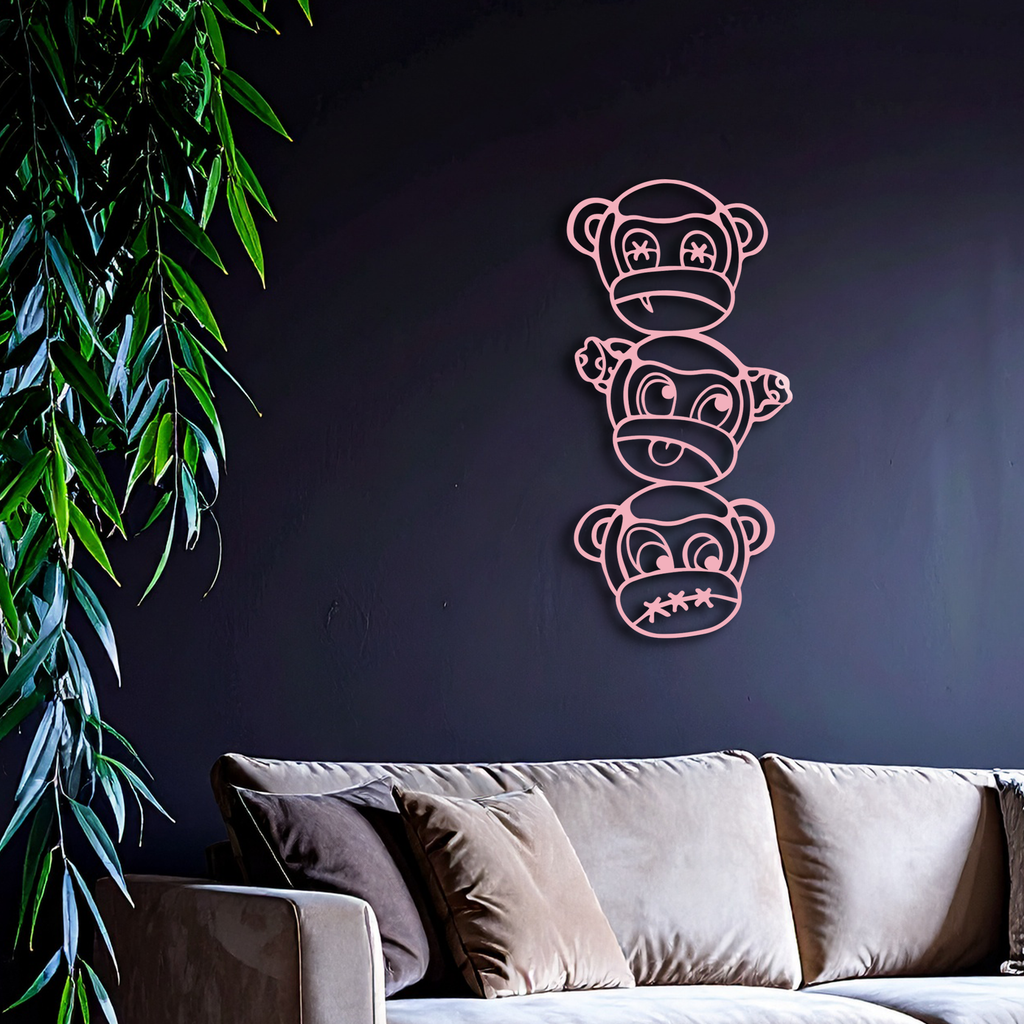 Pink Three Monkeys Metal Wall Art – Playful See No Evil, Hear No Evil, Speak No Evil Design - KAFGP004