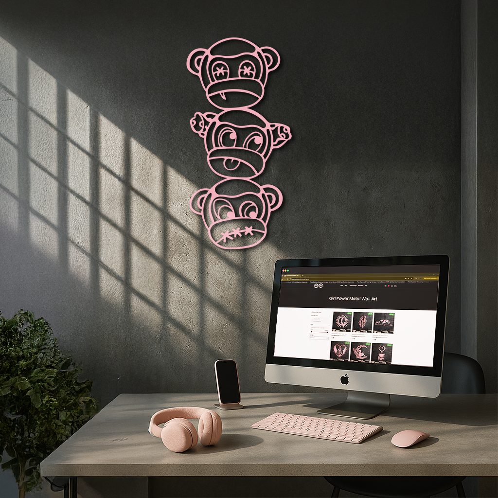 Pink Three Monkeys Metal Wall Art – Playful See No Evil, Hear No Evil, Speak No Evil Design - KAFGP004