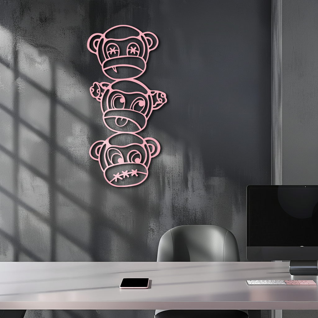 Pink Three Monkeys Metal Wall Art – Playful See No Evil, Hear No Evil, Speak No Evil Design - KAFGP004