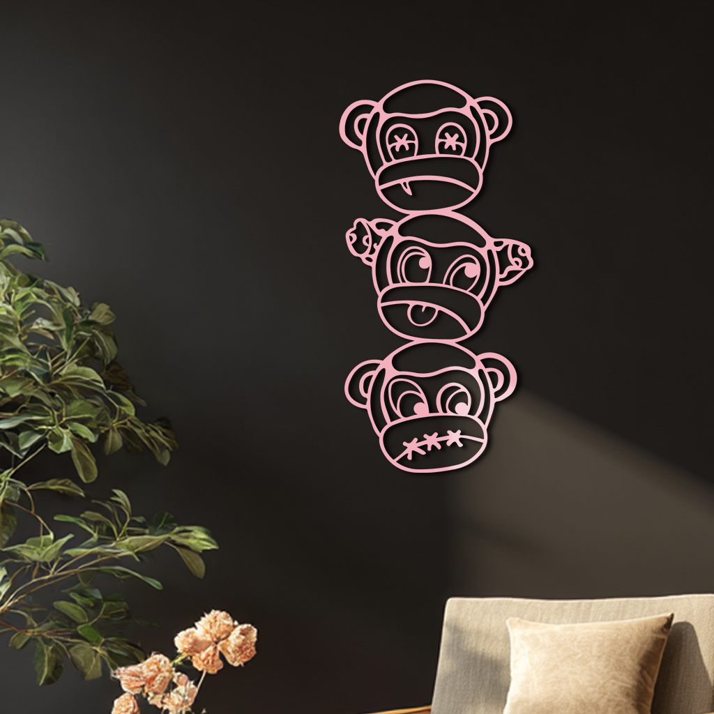 Pink Three Monkeys Metal Wall Art – Playful See No Evil, Hear No Evil, Speak No Evil Design - KAFGP004