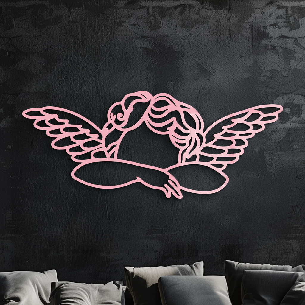 Pink Angel Silhouette Metal Wall Art – Elegant Guardian Wings Design - KAFGP005