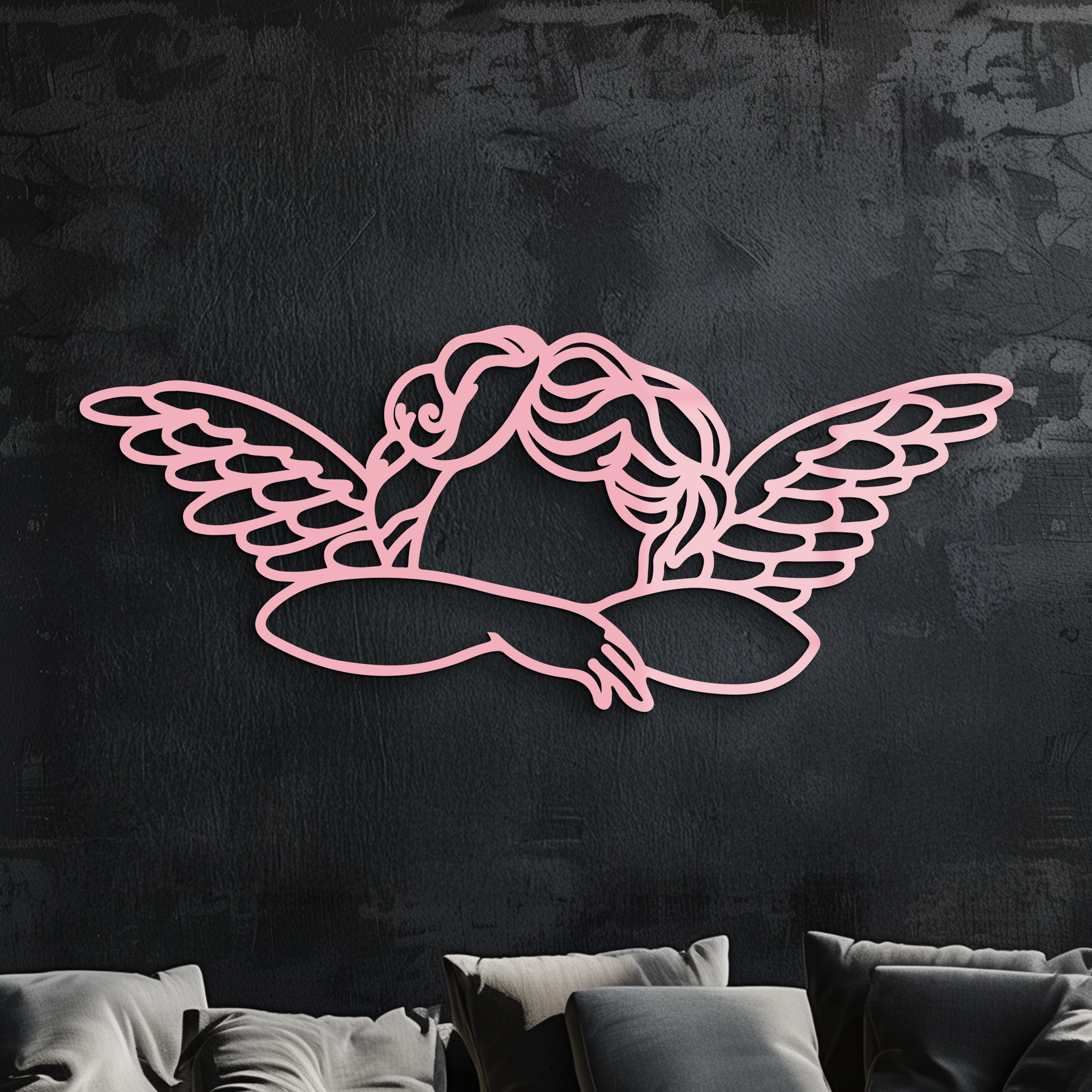 Pink Angel Silhouette Metal Wall Art – Elegant Guardian Wings Design - KAFGP005