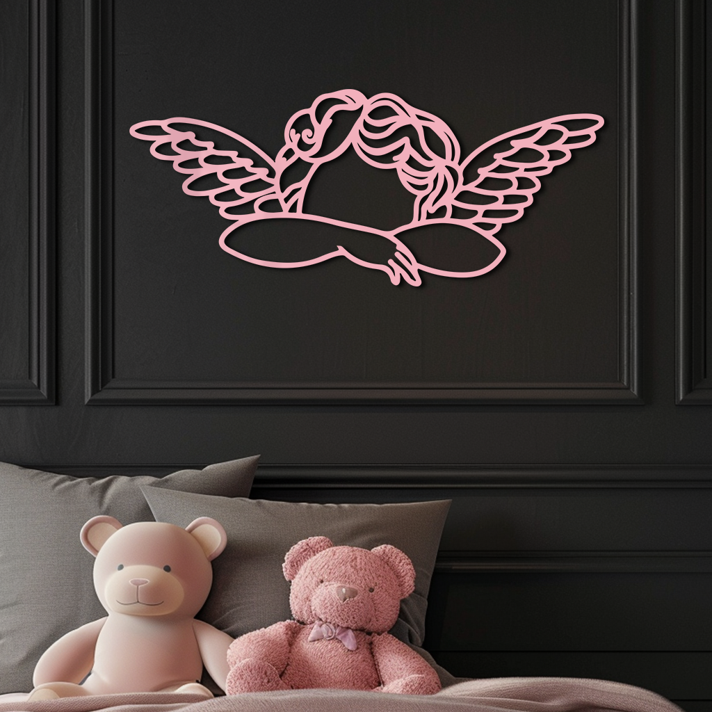 Pink Angel Silhouette Metal Wall Art – Elegant Guardian Wings Design - KAFGP005