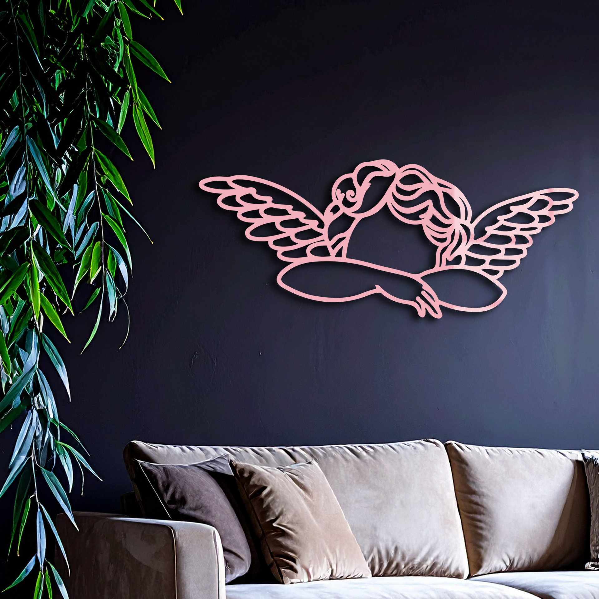 Pink Angel Silhouette Metal Wall Art – Elegant Guardian Wings Design - KAFGP005