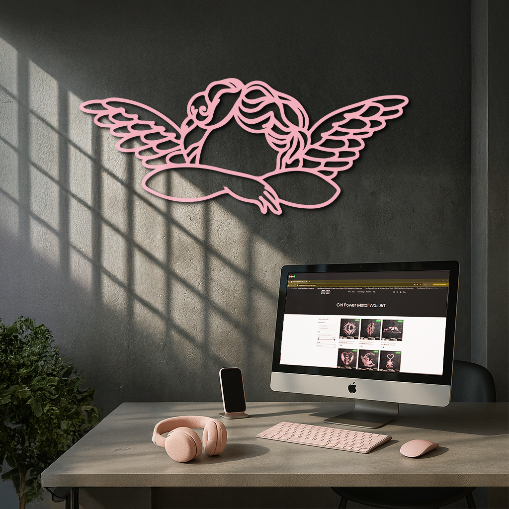 Pink Angel Silhouette Metal Wall Art – Elegant Guardian Wings Design - KAFGP005
