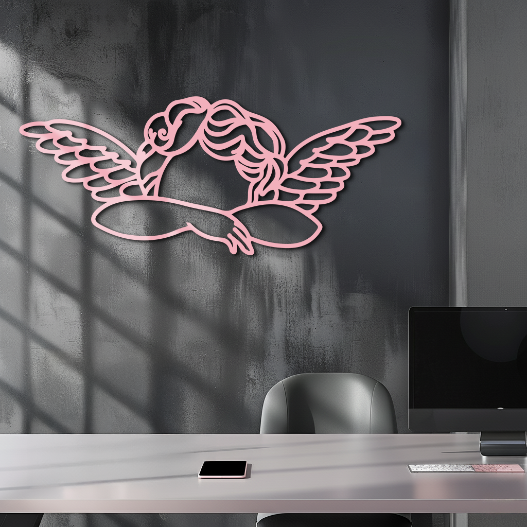 Pink Angel Silhouette Metal Wall Art – Elegant Guardian Wings Design - KAFGP005