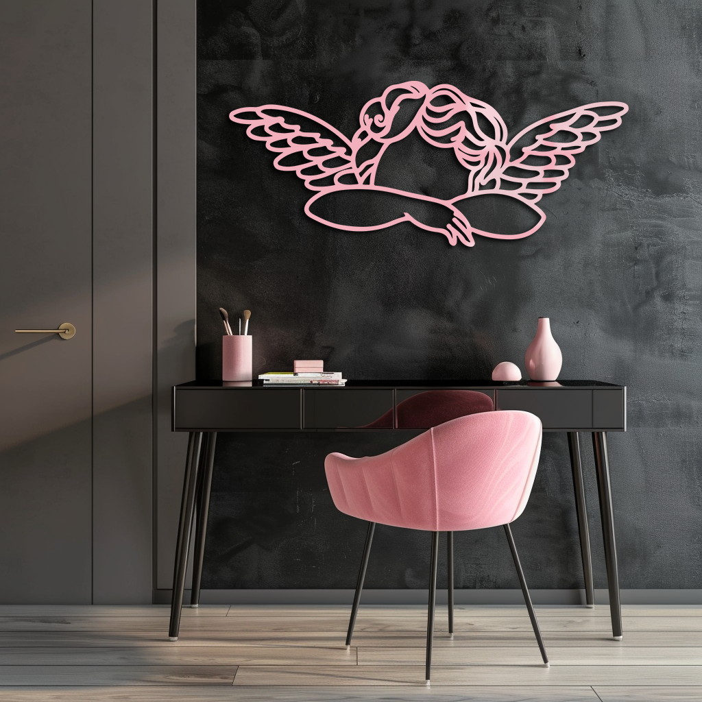 Pink Angel Silhouette Metal Wall Art – Elegant Guardian Wings Design - KAFGP005