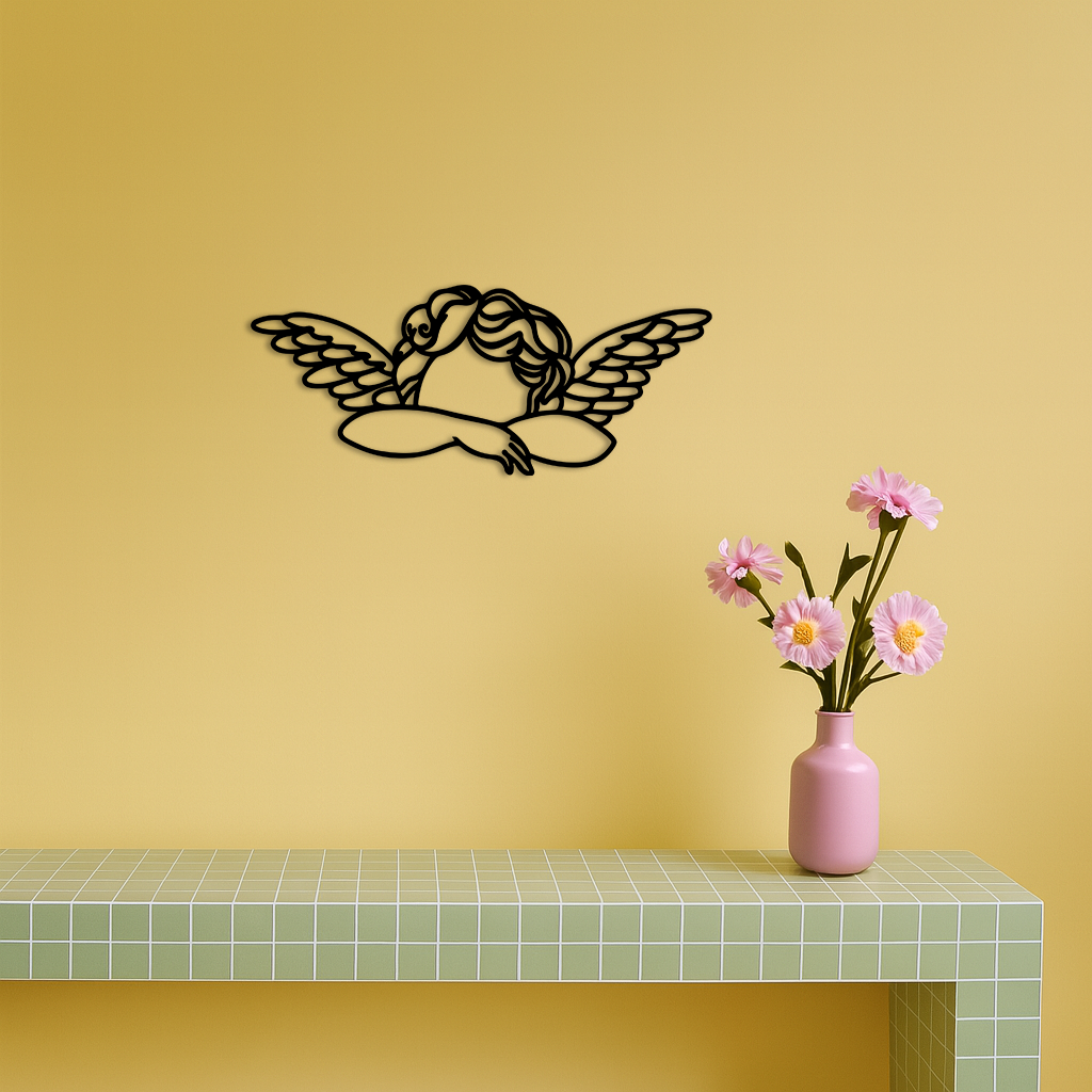 Pink Angel Silhouette Metal Wall Art – Elegant Guardian Wings Design - KAFGP005