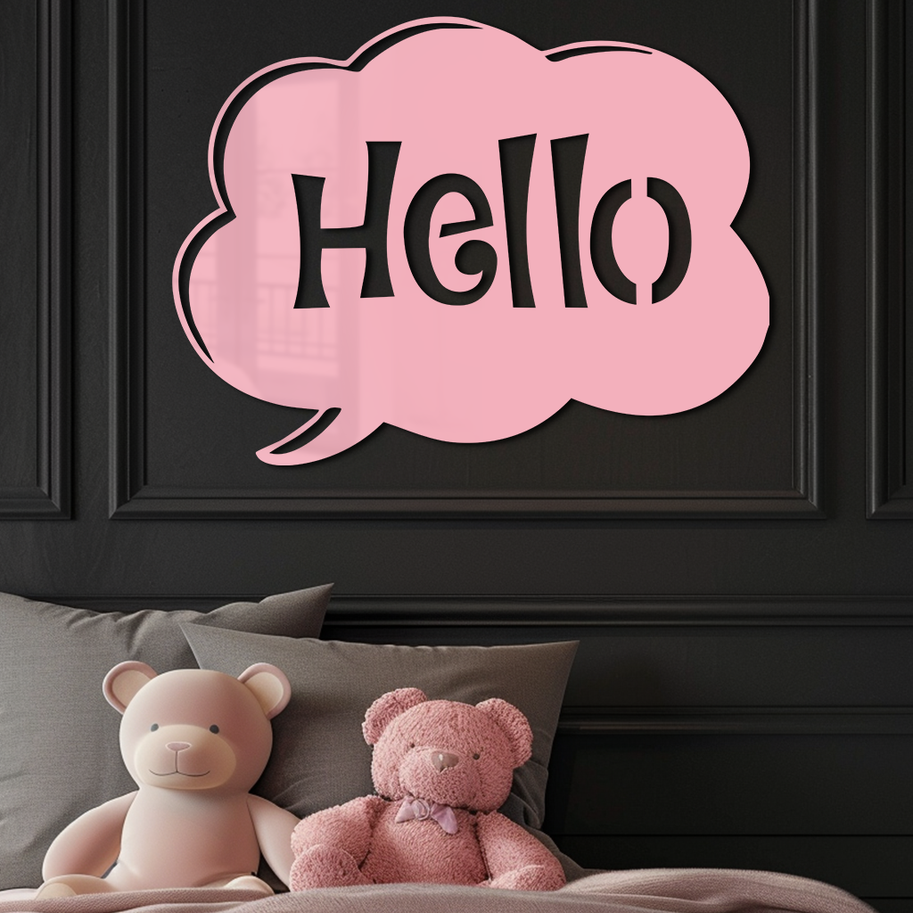 Pink Hello Speech Bubble Metal Wall Art – Playful Greeting Sign - KAFGP011