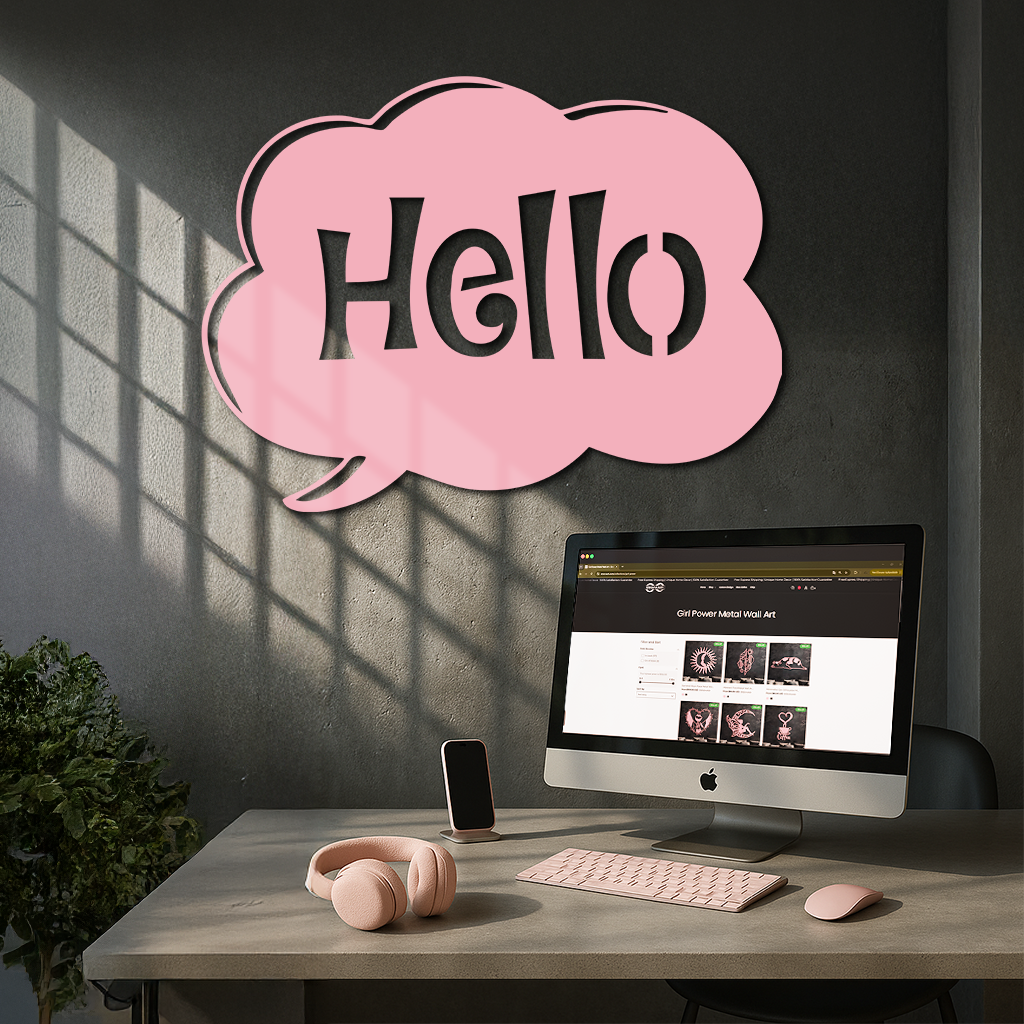 Pink Hello Speech Bubble Metal Wall Art – Playful Greeting Sign - KAFGP011