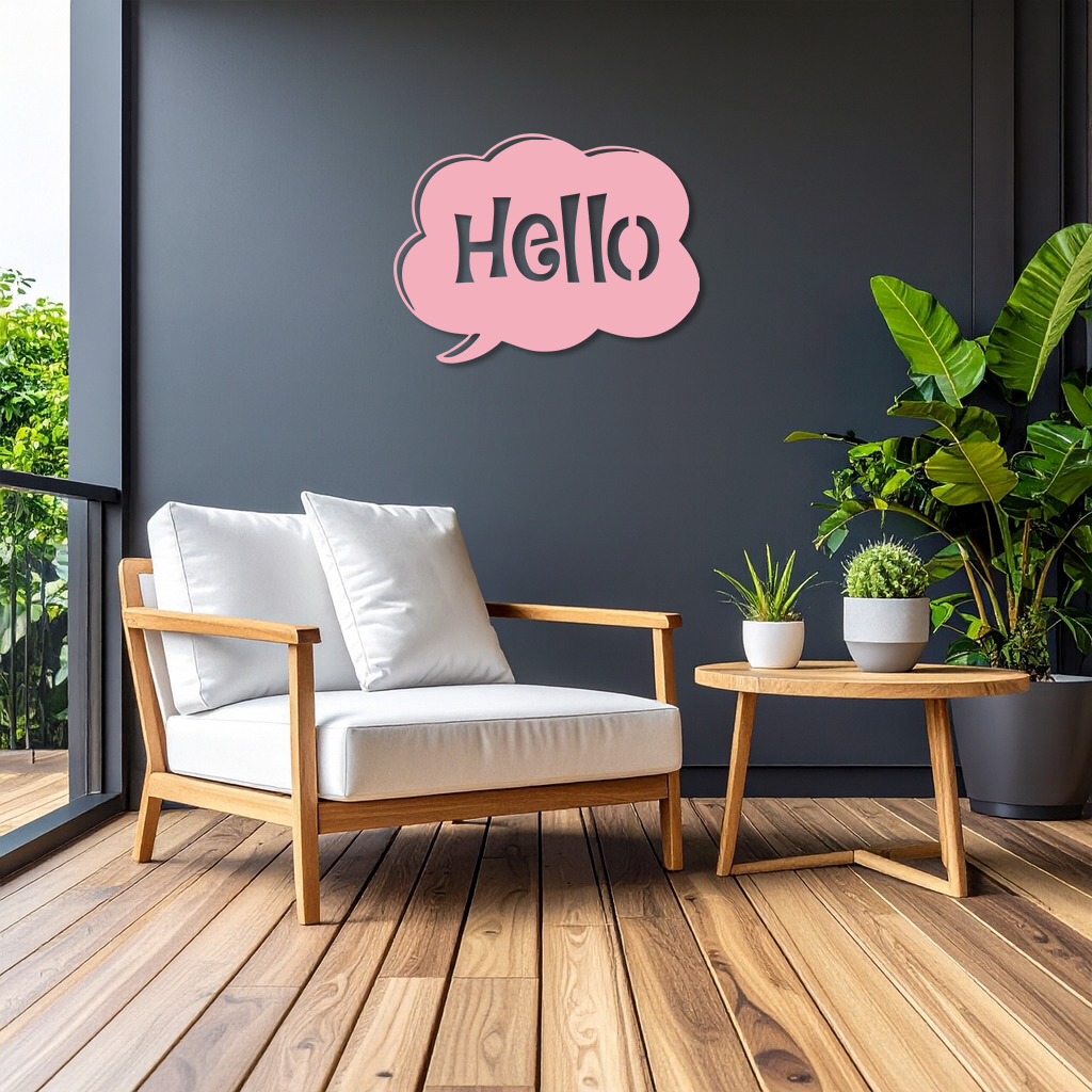 Pink Hello Speech Bubble Metal Wall Art – Playful Greeting Sign - KAFGP011