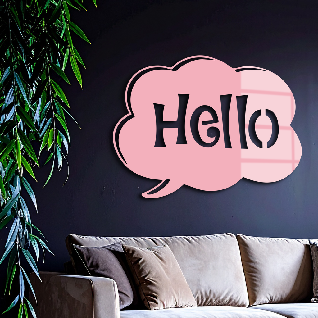 Pink Hello Speech Bubble Metal Wall Art – Playful Greeting Sign - KAFGP011