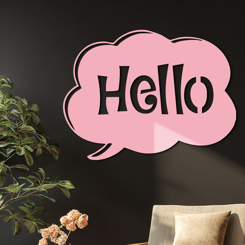 Pink Hello Speech Bubble Metal Wall Art – Playful Greeting Sign - KAFGP011