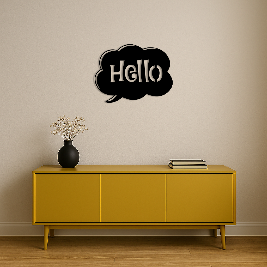 Pink Hello Speech Bubble Metal Wall Art – Playful Greeting Sign - KAFGP011