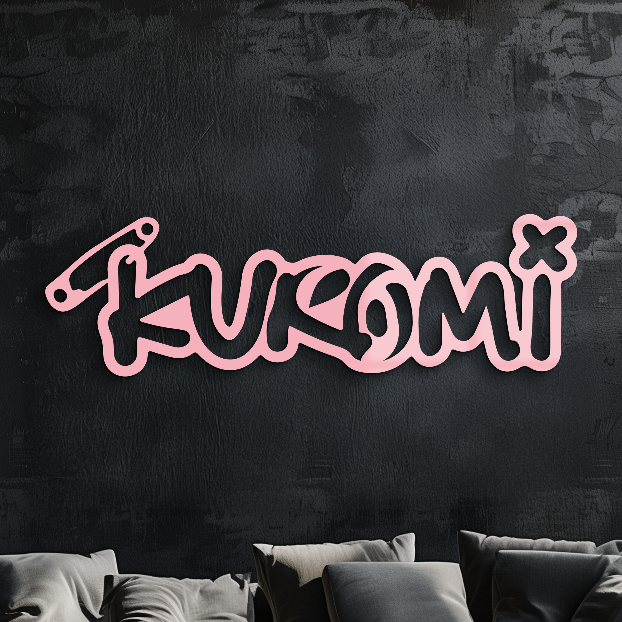 Pink Kuromi Metal Wall Art – Playful Character Typography Decor - KAFGP012