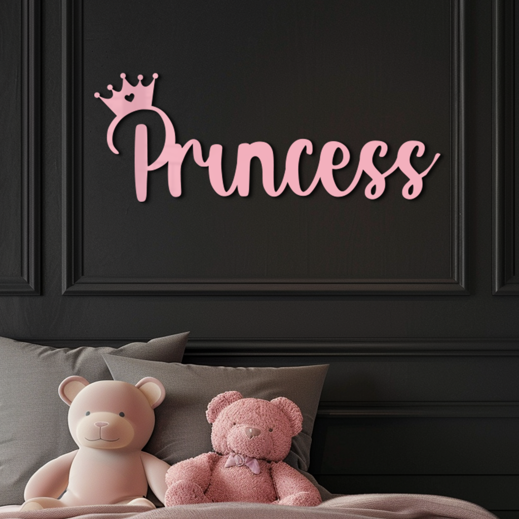 Pink Princess Metal Wall Art – Elegant Typography Silhouette Decor - KAFGP014
