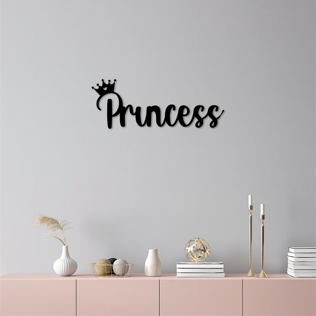 Pink Princess Metal Wall Art – Elegant Typography Silhouette Decor - KAFGP014