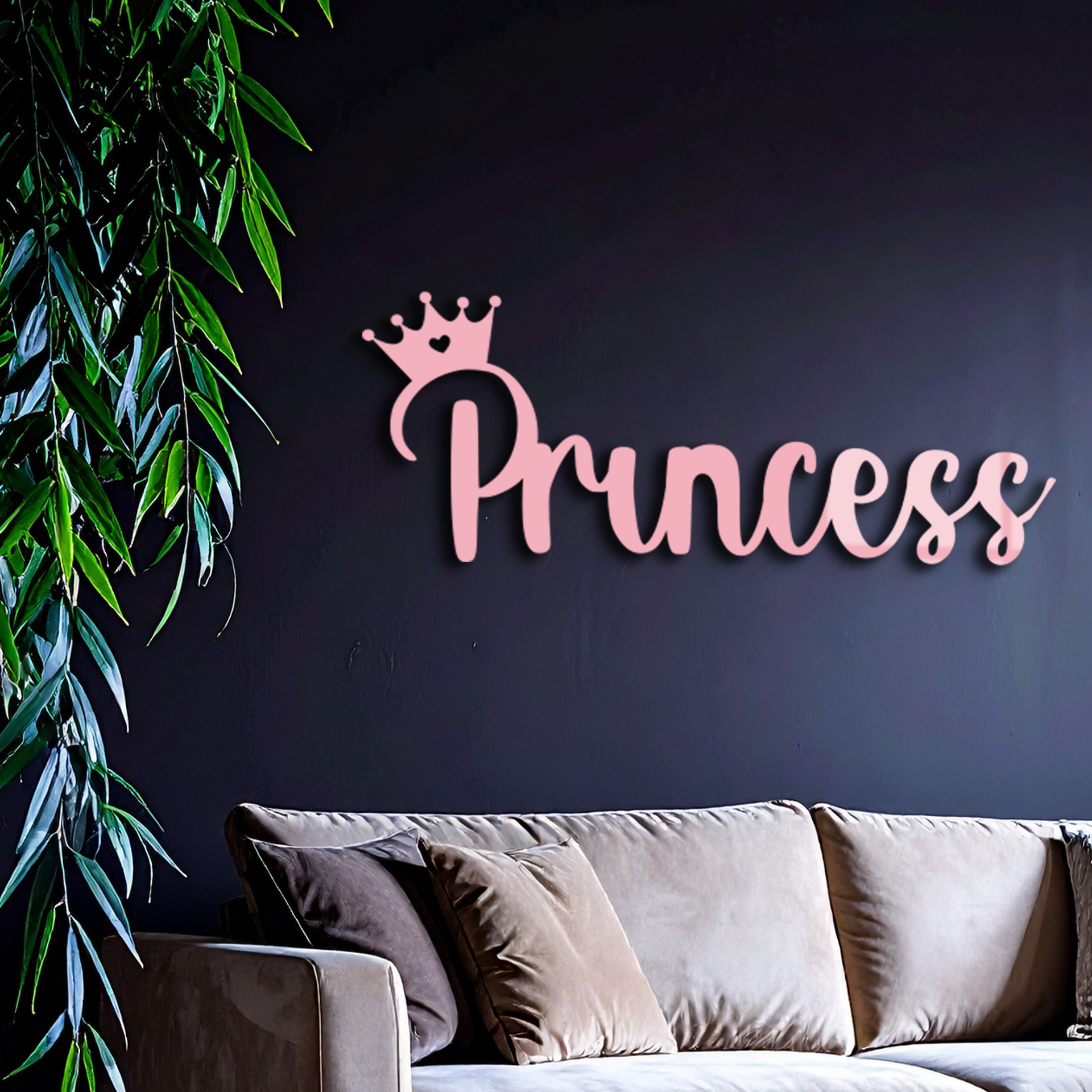Pink Princess Metal Wall Art – Elegant Typography Silhouette Decor - KAFGP014