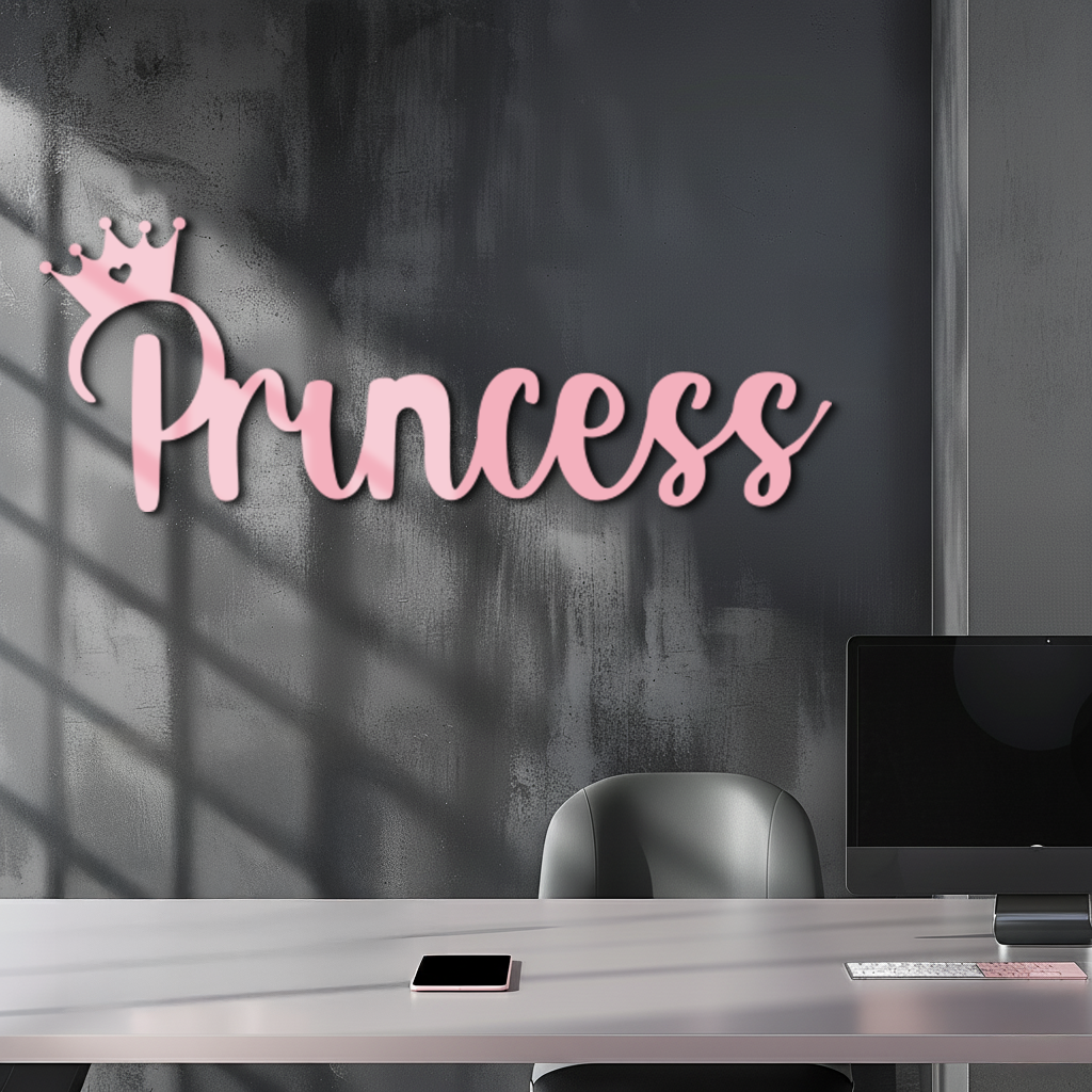 Pink Princess Metal Wall Art – Elegant Typography Silhouette Decor - KAFGP014