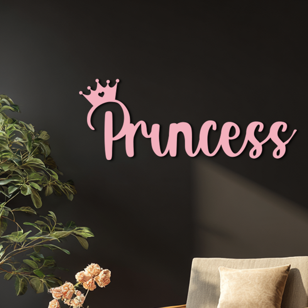 Pink Princess Metal Wall Art – Elegant Typography Silhouette Decor - KAFGP014