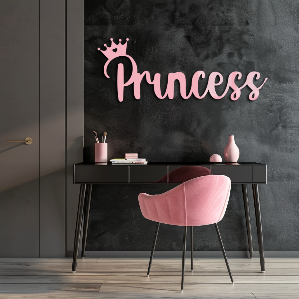 Pink Princess Metal Wall Art – Elegant Typography Silhouette Decor - KAFGP014