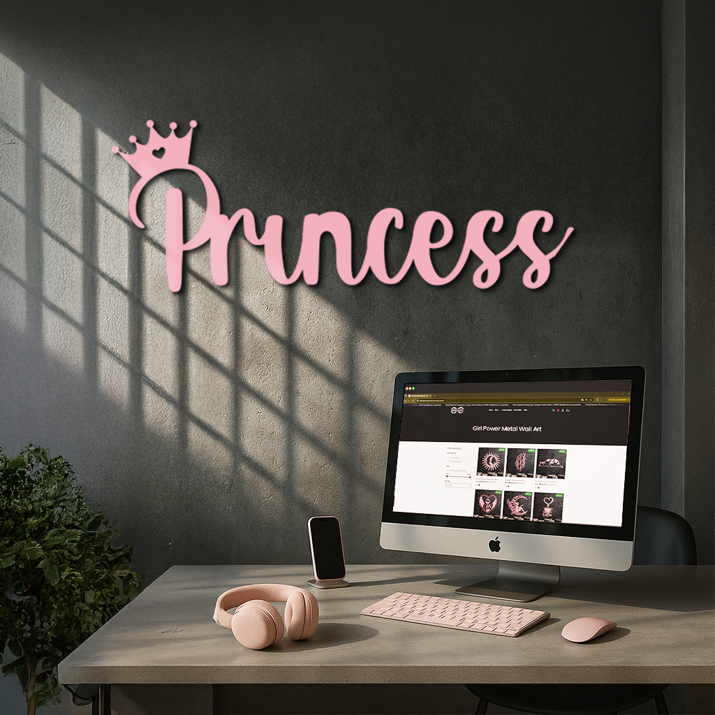 Pink Princess Metal Wall Art – Elegant Typography Silhouette Decor - KAFGP014