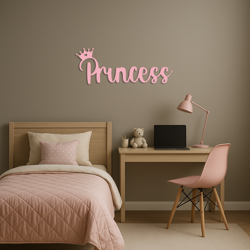 Pink Princess Metal Wall Art – Elegant Typography Silhouette Decor - KAFGP014