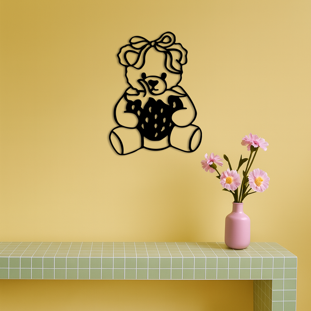 Pink Teddy Bear with Strawberry Metal Wall Art – Cute Bow Design for Kids Room - KAFGP020