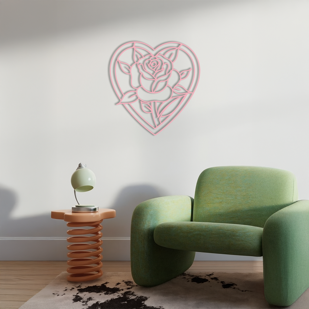 Heart Rose Silhouette Metal Wall Art – Romantic Flower Design - KAFGP034