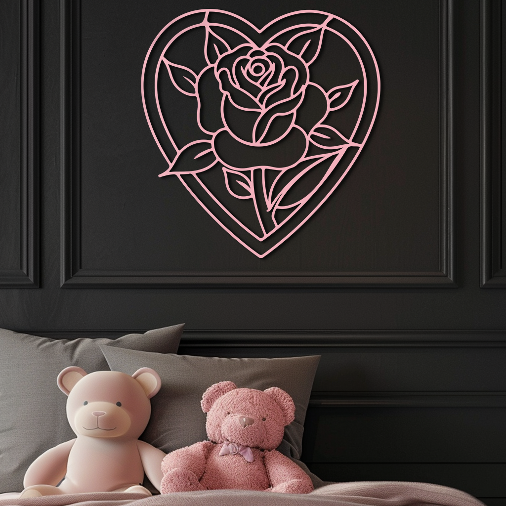 Heart Rose Silhouette Metal Wall Art – Romantic Flower Design - KAFGP034