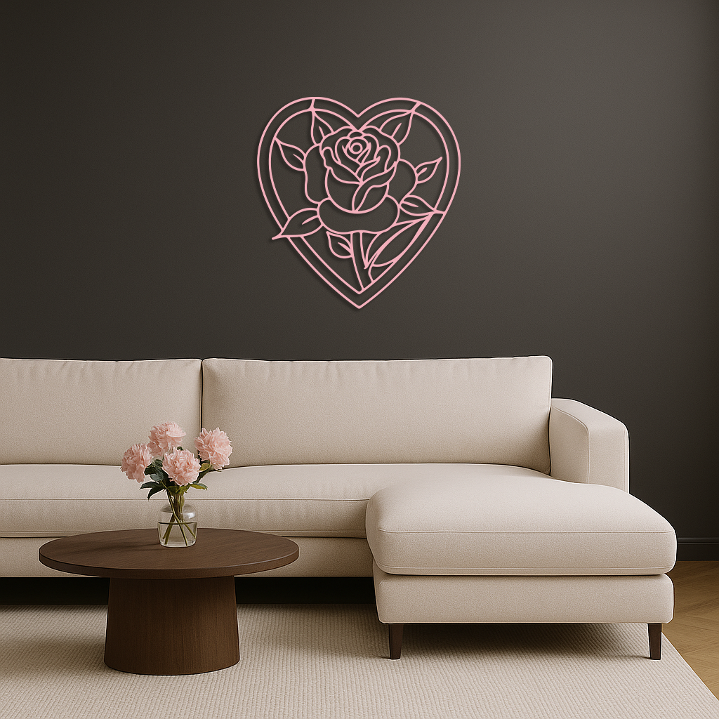 Heart Rose Silhouette Metal Wall Art – Romantic Flower Design - KAFGP034