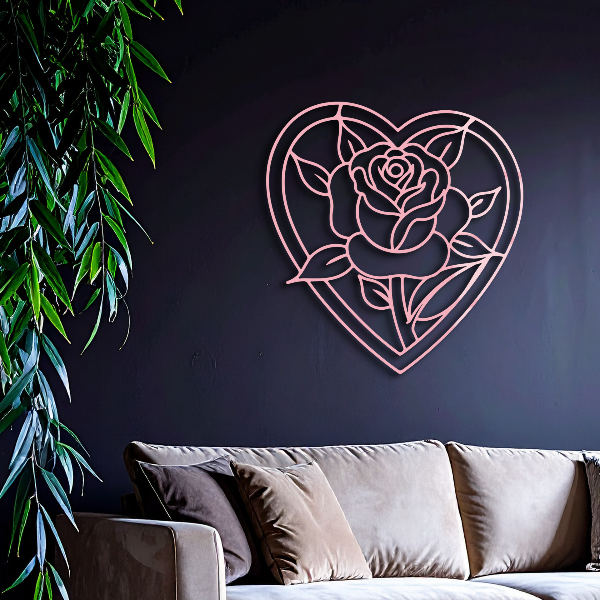 Heart Rose Silhouette Metal Wall Art – Romantic Flower Design - KAFGP034
