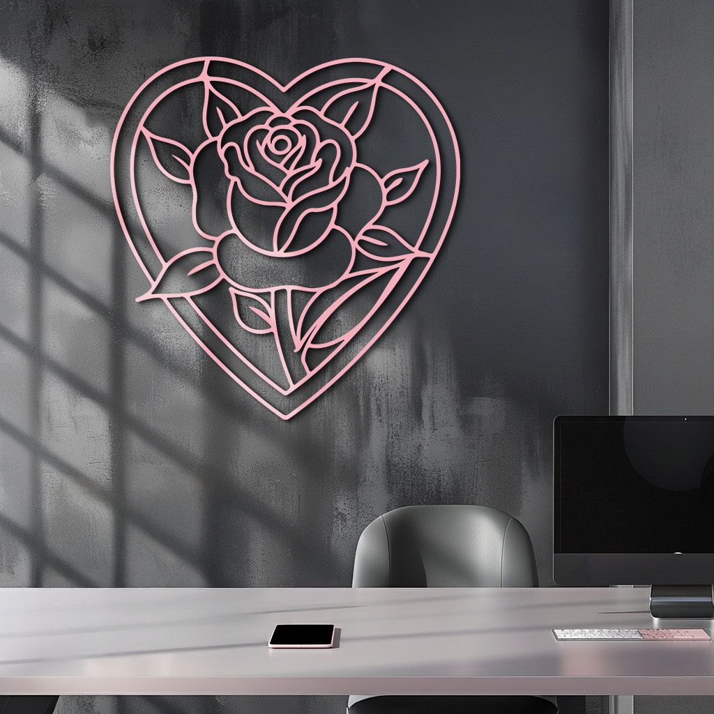 Heart Rose Silhouette Metal Wall Art – Romantic Flower Design - KAFGP034