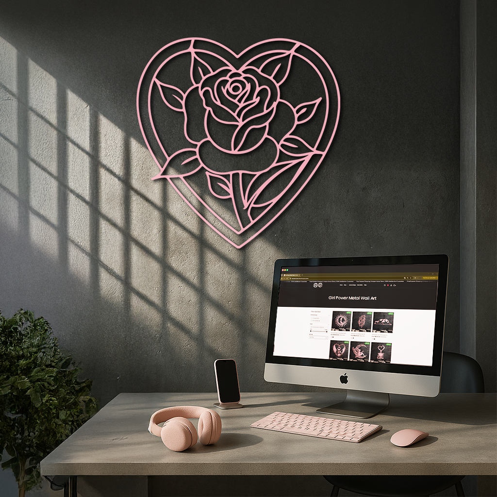Heart Rose Silhouette Metal Wall Art – Romantic Flower Design - KAFGP034