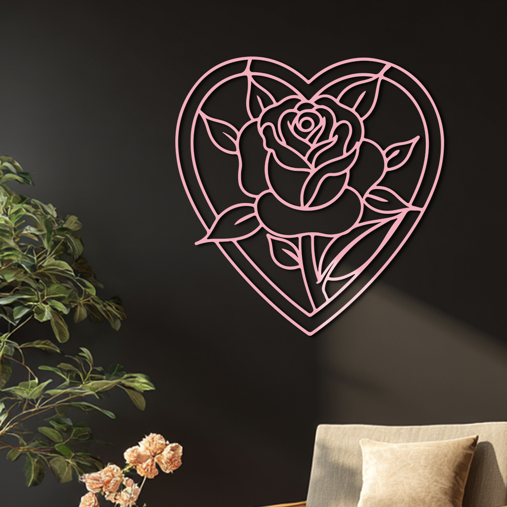 Heart Rose Silhouette Metal Wall Art – Romantic Flower Design - KAFGP034