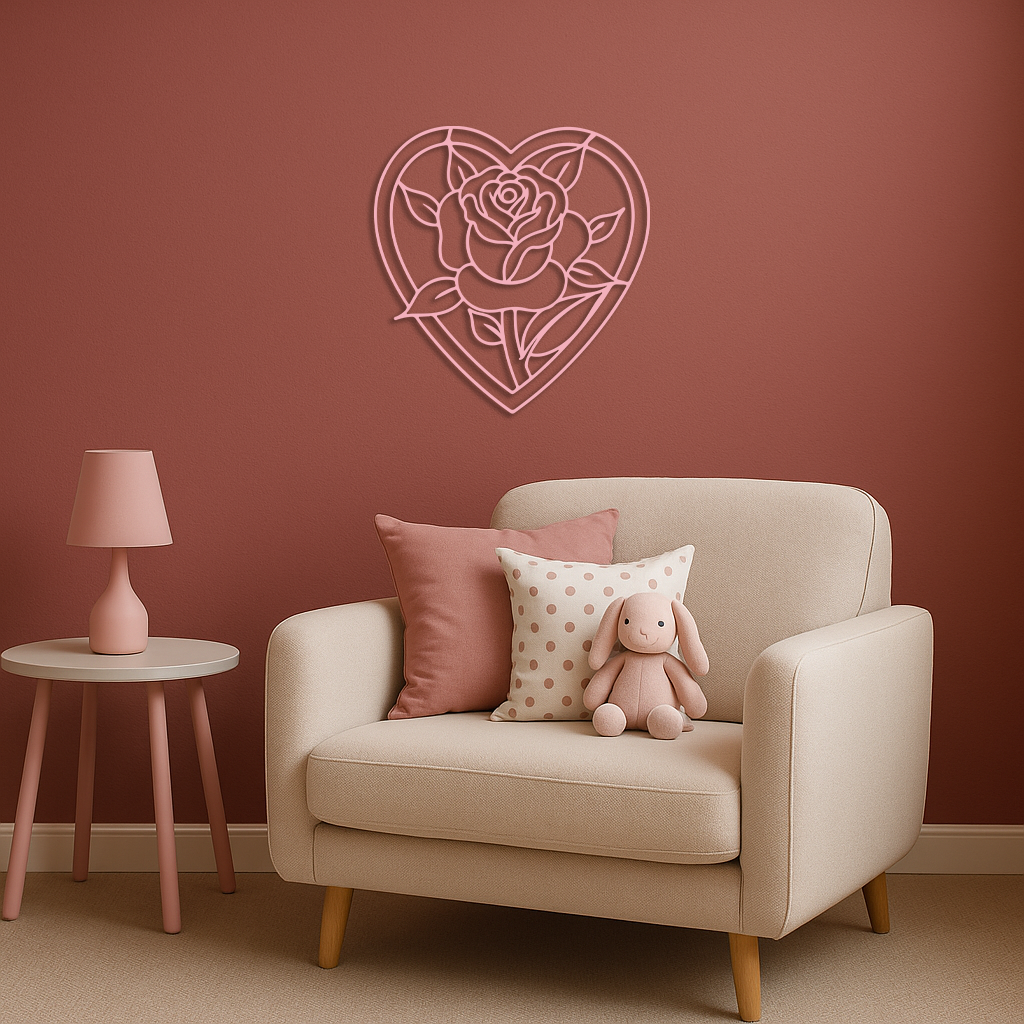Heart Rose Silhouette Metal Wall Art – Romantic Flower Design - KAFGP034