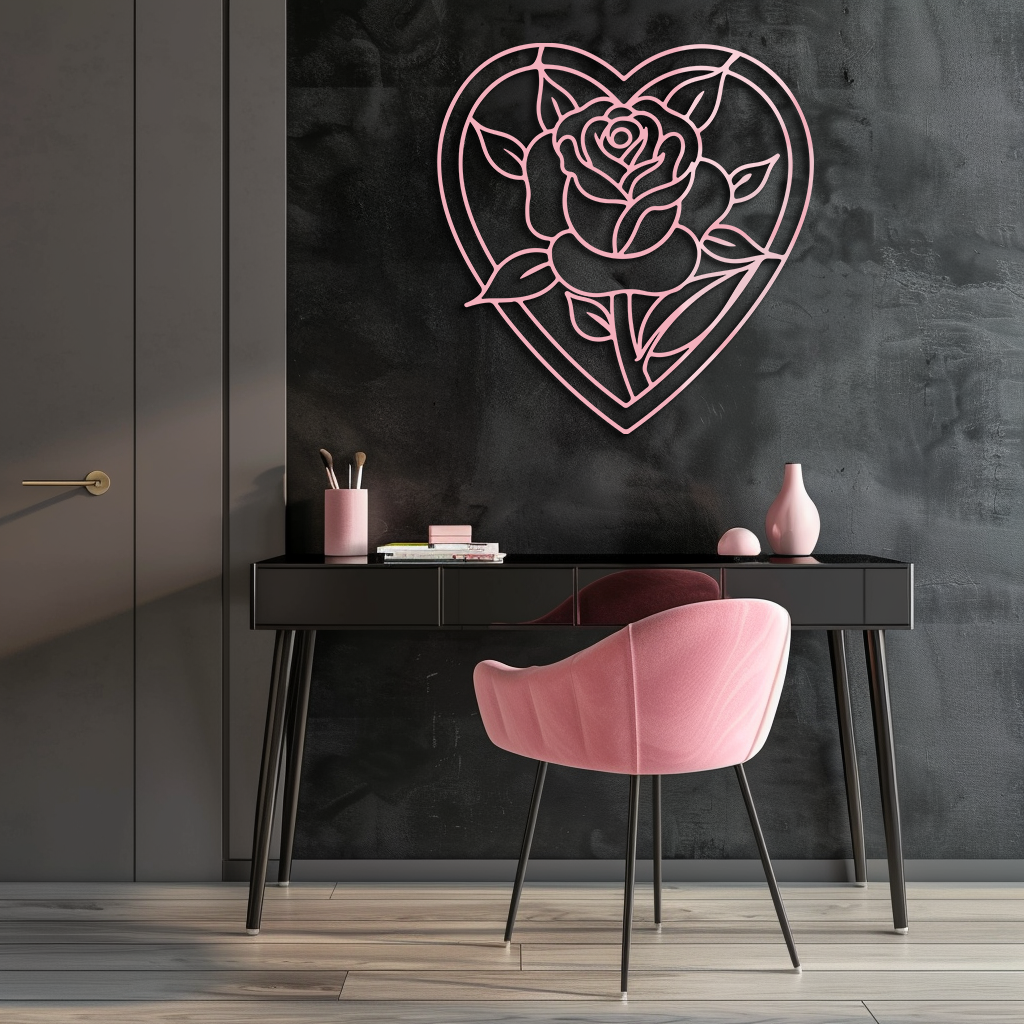 Heart Rose Silhouette Metal Wall Art – Romantic Flower Design - KAFGP034