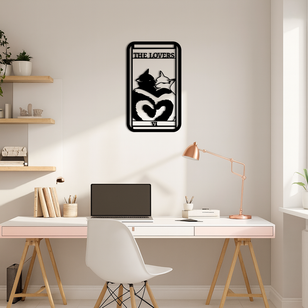 The Lovers Cat Tarot Card Metal Wall Art – Romantic Cat Silhouette Design - KAFGP071