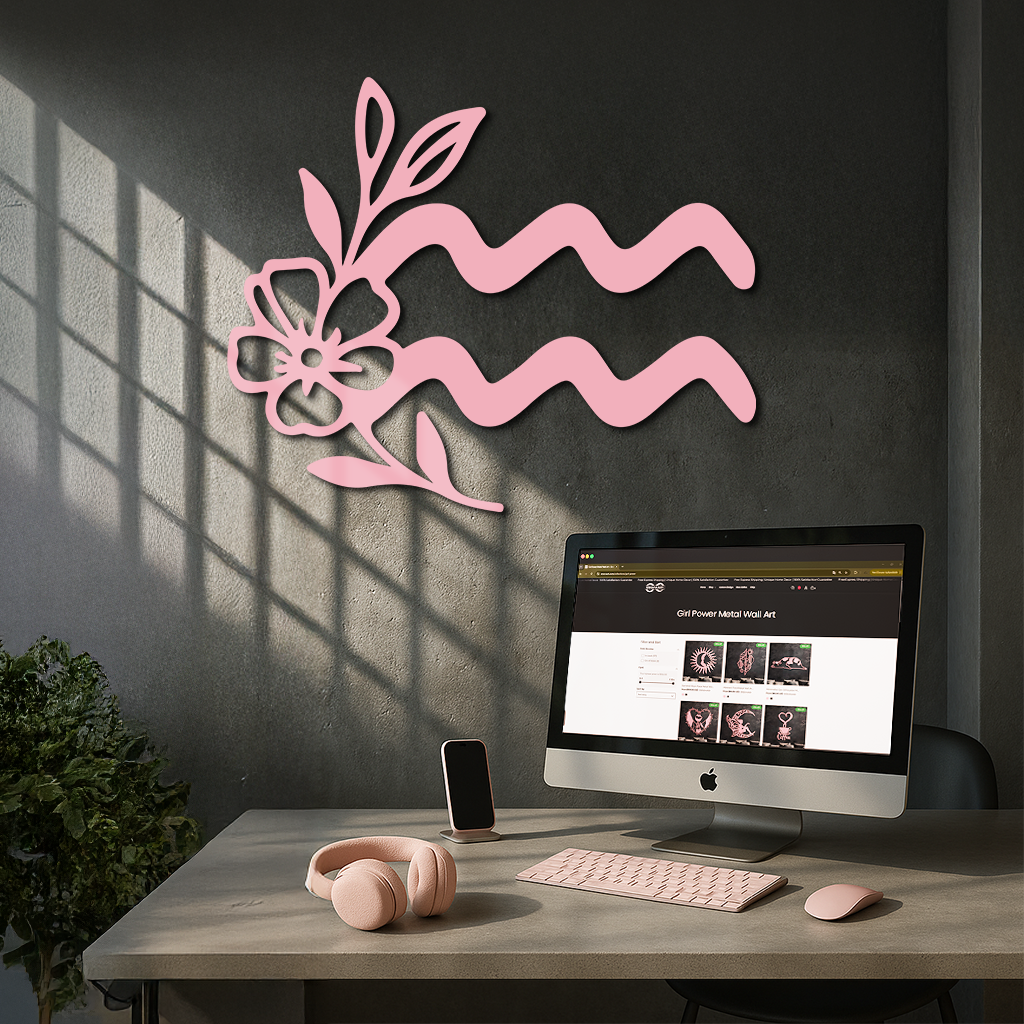Aquarius Zodiac Flower Symbol Metal Wall Art – Modern Astrology Decor - KAFGP077